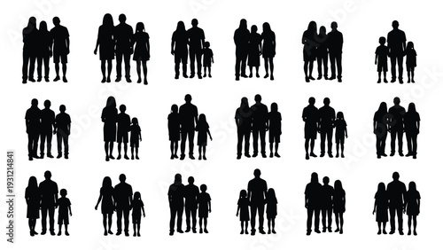 A collection of black silhouettes of people in various poses and groups isolated on white background, Vector