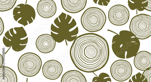 Seamless Monstera Leaf and Tree Rings Vector Pattern in Olive Green for Nature Design