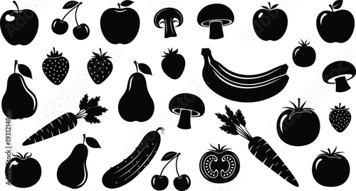 Fruit and vegetable silhouettes vector illustration, healthy food icons, natural produce design graphic, nutrition artwork, black stylized edible plants