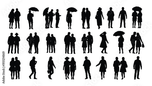 A collection of people standing in various poses with some holding umbrellas isolated on white background, Vector
