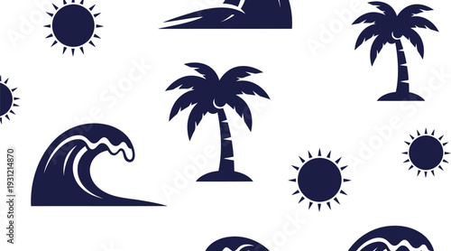 Seamless tropical beach vector pattern with palm trees, sun, waves, and surf elements