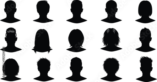 Silhouette profiles diverse hairstyles male female curly straight long short hair identity representation fashion design illustration