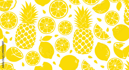 Yellow Pineapple and Lemon Vector Pattern Seamless Summer Fruit Background Design