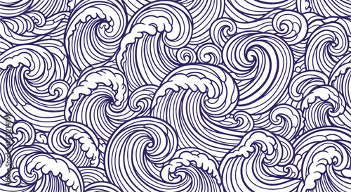 Seamless ocean waves vector pattern in blue and white line art style for backgrounds