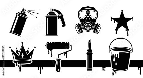 Urban art graffiti supplies including spray cans roller gas mask crown star and paint bucket symbolizing creativity