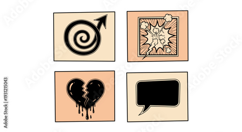 Four distinct comic book style icons depicting emotions communication and relationships swirling male symbol explosion