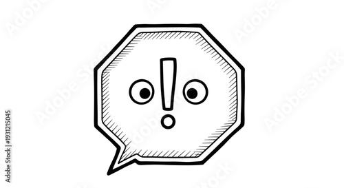 Hand drawn exclamation mark inside octagonal speech bubble with wide eyes and open mouth expressing surprise and shock