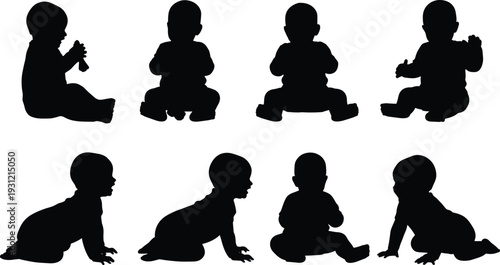 Silhouettes of babies sitting and crawling, infant vector illustration showing early childhood postures, gestures, movement, development, playful activity