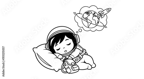 Adorable child astronaut peacefully sleeping on pillow dreaming of space exploration planets and rockets in a whimsical