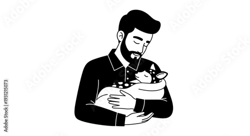 Gentle man tenderly embracing his beloved small dog a heartwarming connection and pure love depicted in a minimalist