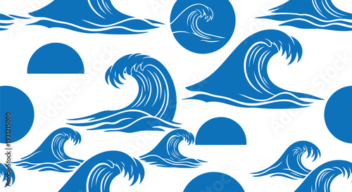 Blue ocean wave vector pattern seamless background for summer beach and surf design