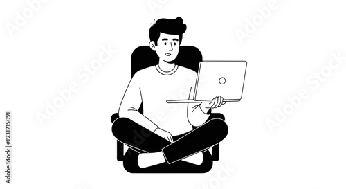 Young man sitting cross legged in a chair holding a laptop looking thoughtfully into distance minimalist illustration