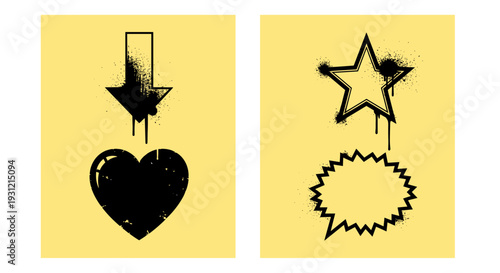 Graffiti style black heart and arrow on yellow contrasted with a star and speech bubble spray paint elements graphic