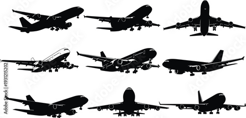 Grid of nine black silhouette airplanes in flight, diverse angles and positions, commercial aircraft design, aviation illustration concept