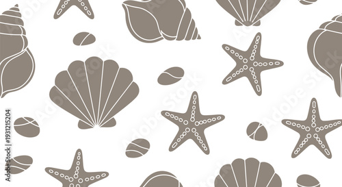 Seashell and Starfish Vector Pattern in Neutral Colors for Summer Beach Designs