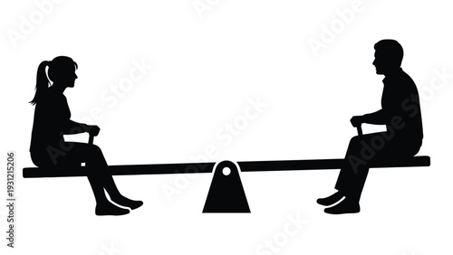 A man and woman sit on a seesaw in balance isolated on white background, Vector