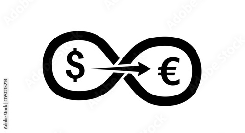 Infinite symbol with dollar and euro currency signs representing continuous exchange financial flow and global economic