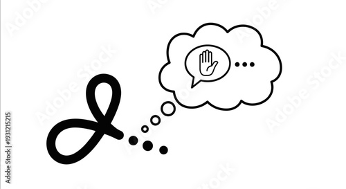 Conceptual illustration of a thought bubble with a hand symbol indicating stop or pause representing communication