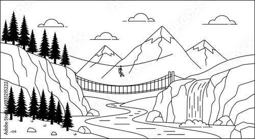 Adventure park zipline activity over a deep canyon with a waterfall and river below mountains and pine trees