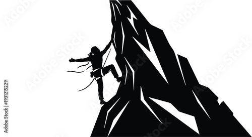 Determined climber scales a challenging mountain peak against a bright sky.