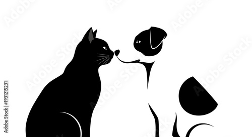 Silhouette of a black cat and a white dog with black spots meeting nose to nose representing friendship