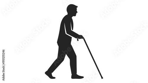 A man walks with a cane for mobility assistance isolated on white background, Vector