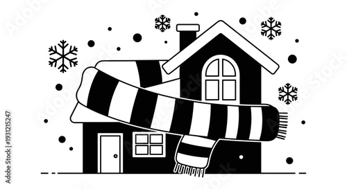 Cozy winter house illustration with a warm scarf wrapped around symbolizing comfort home insulation and seasonal warmth