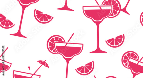 Pink Margarita Cocktail Vector Pattern with Citrus Slices Seamless Summer Background