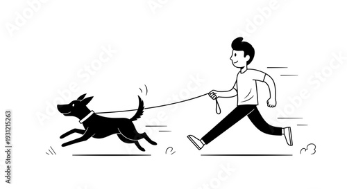 Energetic man jogging with happy black dog on leash motion blur effect simple line art style white background conveying
