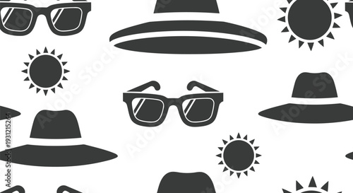 Summer vector pattern with sunglasses, hats, and sun icons seamless black and white background
