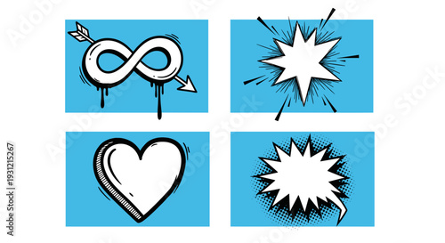 Collection of four hand drawn graphic elements including an infinity symbol pierced by an arrow a starburst explosion