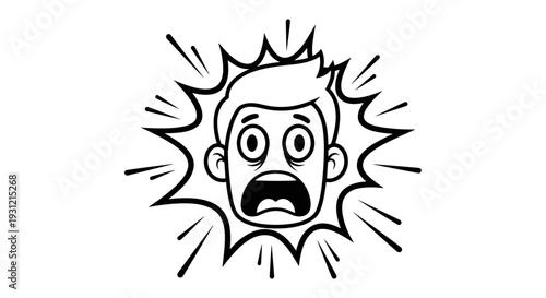 Shocked man's face with wide eyes and open mouth expressing extreme surprise and fear black and white outline graphic