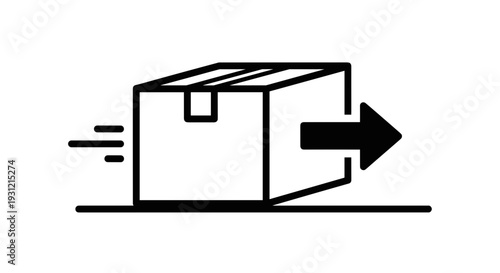 Fast delivery service concept icon with a moving cardboard box on a flat surface with speed lines and an arrow
