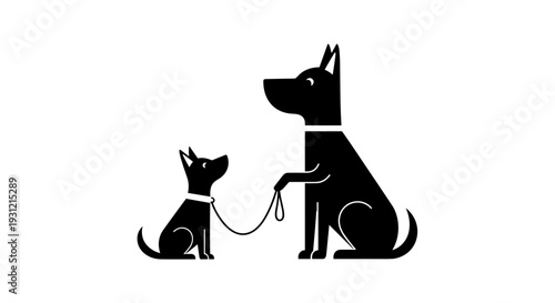 Two black dog silhouettes one large standing and one small sitting connected by a leash symbolizing training
