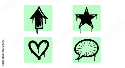 Graffiti style icons up arrow star heart and speech bubble with dripping paint effect on light green background