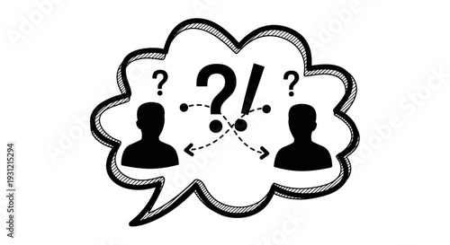 Two silhouetted figures in a thought bubble with question marks and exclamation points illustrating confusion debate