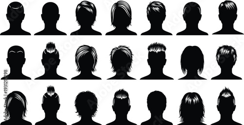 Grid of twenty black silhouette human head profiles, diverse hairstyles, hair fashion identity, style variation, character design illustration concept