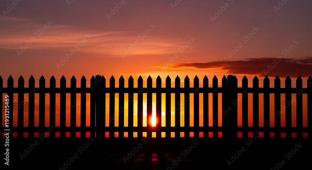 Obraz premium Vibrant sunset behind fence with warm orange glow