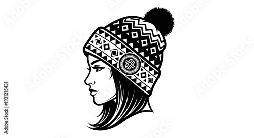 Stylish young woman profile portrait wearing a patterned winter beanie with pompom black and white graphic illustration