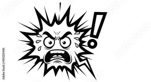 Furious cartoon face with wide eyes and open mouth screaming in anger with sweat drops framed by jagged lines