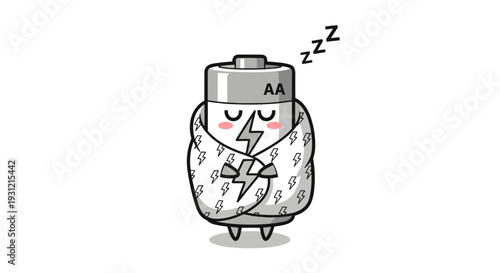 Cute cartoon aa battery character wrapped in a blanket sleeping peacefully with zzz symbols floating above its head