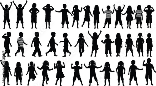 Silhouettes of children in expressive standing and playful poses, childhood activity concept, body language study, educational illustration design
