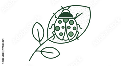 Stylized line art illustration of a ladybug with green spots on a leaf accompanied by delicate plant stems and leaves