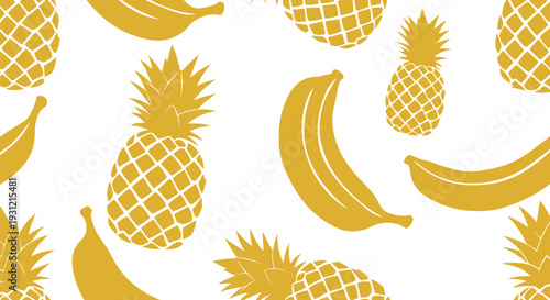 Yellow tropical fruit vector pattern with bananas and pineapples seamless background