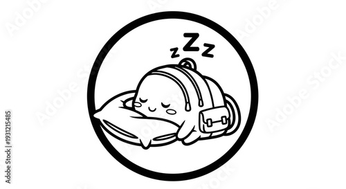 Cute cartoon backpack character sleeping peacefully on a pillow with zzz symbols representing rest and relaxation