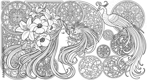 Art nouveau elegance woman with flowing hair adorned by flowers and a majestic peacock intricate line art vintage