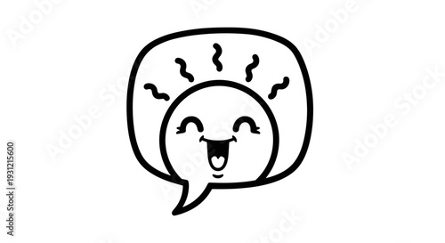 Joyful cartoon speech bubble character with a wide open mouth closed eyes and radiating lines expressing extreme