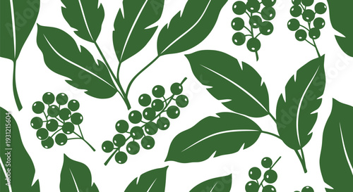 Green leaf and berry seamless vector pattern for botanical wallpaper and fabric design