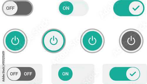On Off Toggle Switch and Power Button Icon Set with Modern UI Control Elements in Flat Design Style
