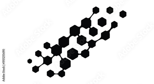 Abstract network of interconnected black geometric shapes on a white background, representing data or connection.